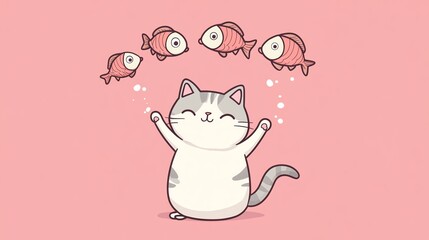 Naklejka premium A cute, cartoon cat catches fish.