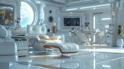 Futuristic room with a round window, white chair and monitors on the walls.