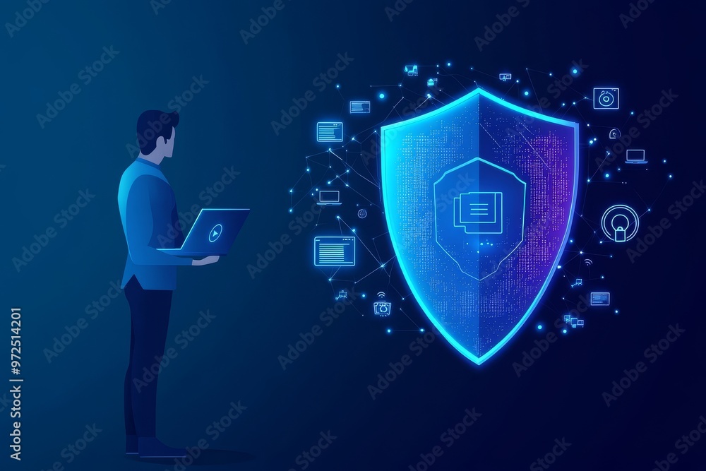 Poster a flat illustration of a man using stock to automate defenses and secure security