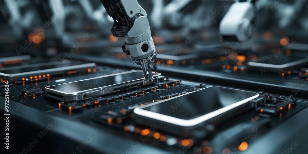 Sticker Robot arm assembling smartphones on production line.