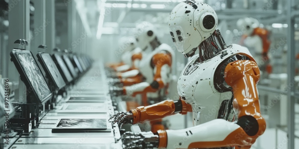 Poster a robot arm in a factory assembling technology.
