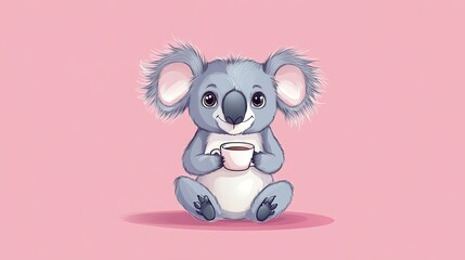 Naklejka premium A cute cartoon koala bear is sitting on a pink background holding a cup of coffee.