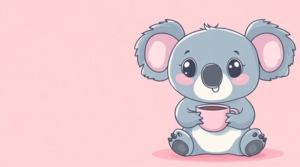 Naklejka premium Cute cartoon koala holding a cup of coffee.