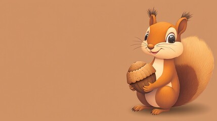 A cute cartoon squirrel holds an acorn in its paws against a brown background.
