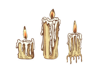 Hand drawn sketch of burning candle. Vector illustration of a vintage style. Halloween or Christmas drawing.