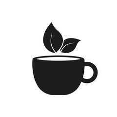 Cup with Leaves Silhouette Icon. Herbal Tea, Matcha, Organic Coffee Made from Natural Ingredients. Isolated Vector Illustration