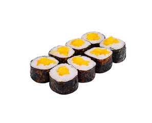 Sushi rolls with mango and cream cheese standing in a row on white background