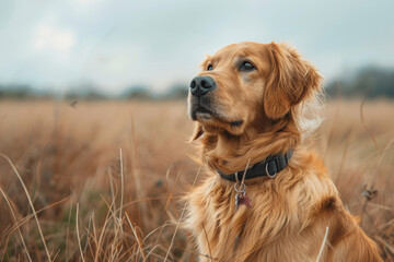 Obraz premium Golden Retriever Sitting in Field of Tall Grass Under Cloudy Sky