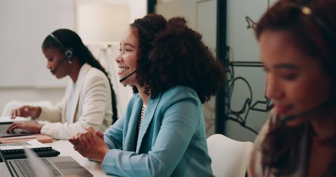 Call center agent, smile and woman talking to customer for service, support or help. Laptop, telemarketing and happy consultant speaking to client for advice, lead generation or outsourcing with team