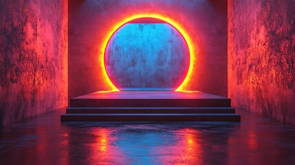 3d render abstract minimalist re3d blue neon background stone platform balance on the glass ball glowing linear arch mirror reflection podium for product presentation futuristic wallpaper