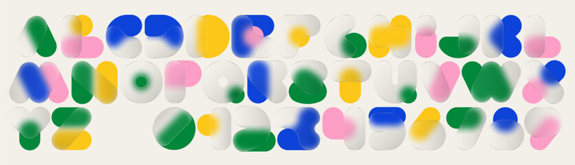 Glassmorphism font with translucent shapes forming an abstract gradient alphabet and numbers. Minimalist vector letters with blur effect and layered transparency. 
