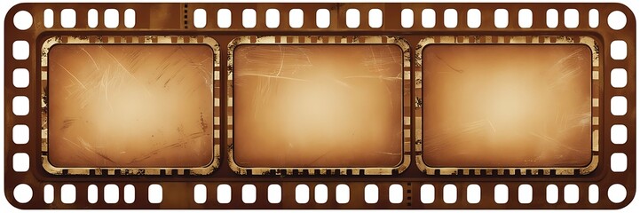 Vintage film strip design with three empty frames, black with white perforations, set against a sepia-toned background. Ideal for retro or cinematic-themed designs.
