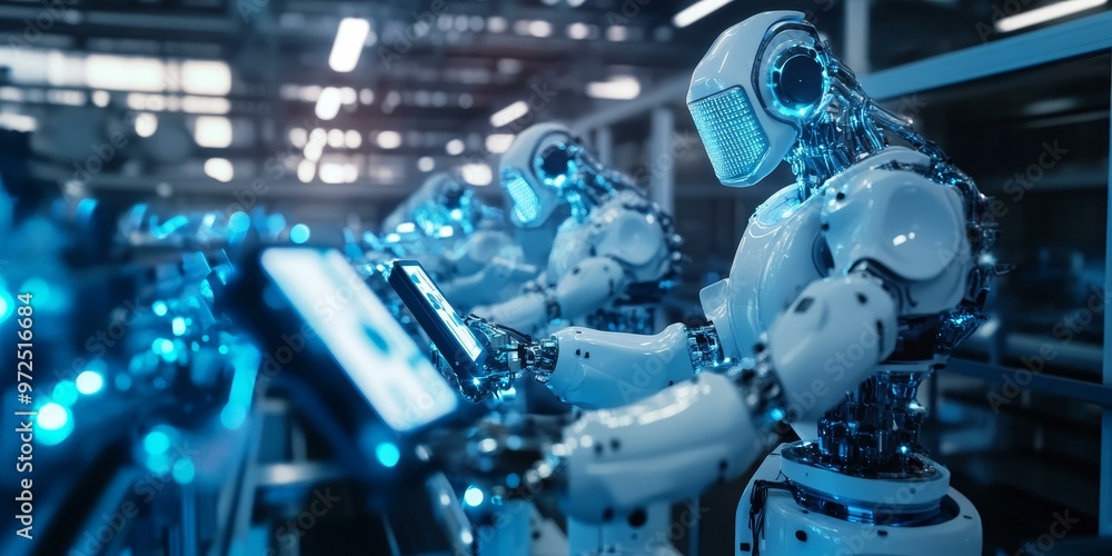 Poster white robots working in a factory.