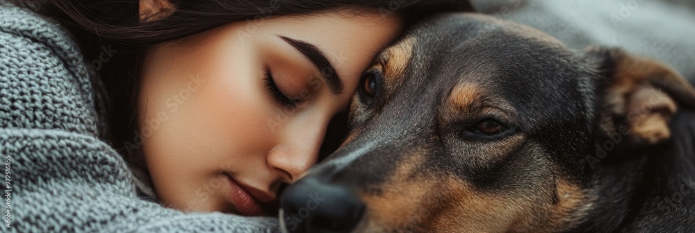 Wall mural A woman rests her head against a dog, showcasing a moment of affection and companionship.