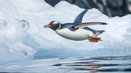 Obraz premium A gentoo penguin takes flight from the icy water, its wings spread wide as it soars towards a towering iceberg.