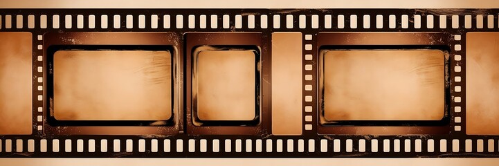 Vintage film strip design with three empty frames, black with white perforations, set against a sepia-toned background. Ideal for retro or cinematic-themed designs.