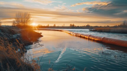 Obraz premium Surface dam on the waterway featuring an orange containment barrier to mitigate pollution from oil leaks.