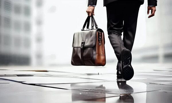 Gesch&auml;ftsmann im Anzug mit Aktentasche auf nassem Gehweg