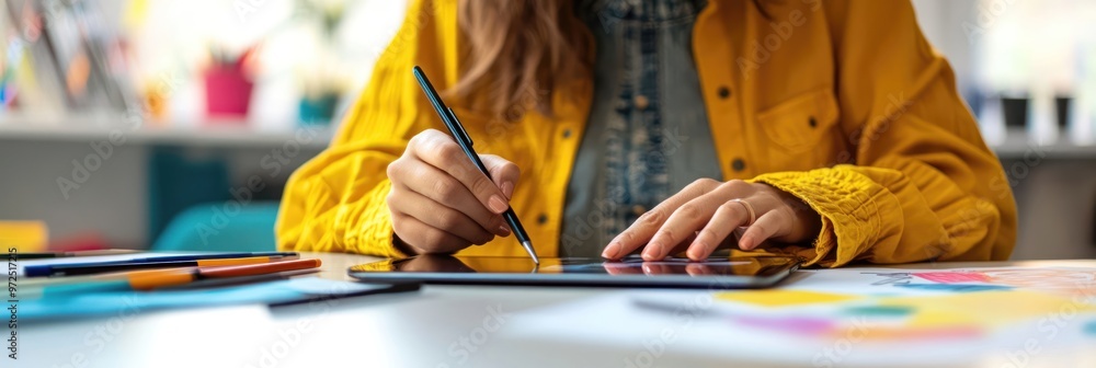 Poster A person using a tablet to create art or design, surrounded by colorful materials.