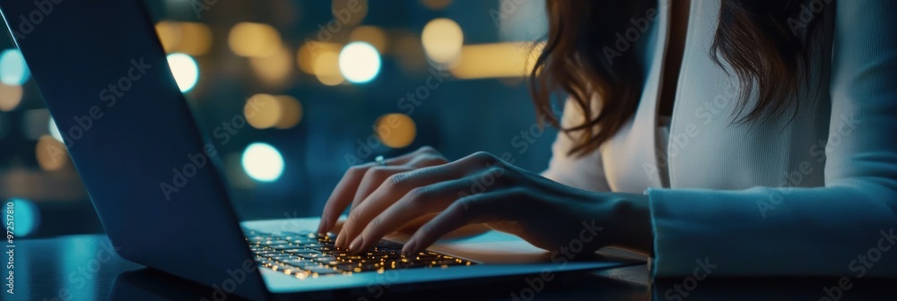 Aufkleber a close-up of hands typing on a laptop in a dimly lit environment with bokeh lights.