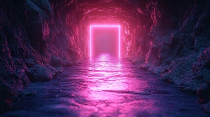 3d render abstract neon background pink glowing lines square shape corridor ultraviolet light virtual reality space