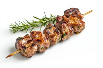 isolated on a crisp white background, a succulent grilled pork shish kebab, with a mix of lean and...