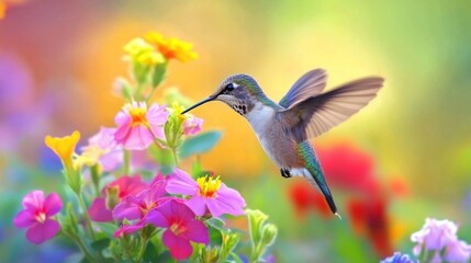 Fototapeta premium A hummingbird hovers in mid-air, its long beak dipping into a colorful flower.
