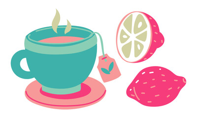 Flat vector illustration of blue tea cup with a tea bag with pink lemon whole and half. Blue, pink, yellow. mug with hot tea and citrus fruits, a tea bag. Mug, plate, tea, lemon. Collection for colds