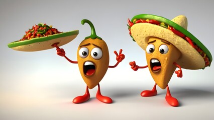 taco might be juggling hot chili peppers, looking extremely focused, while another taco stands nearby with a fan, trying to cool itself down after eating one too many spicy peppers.