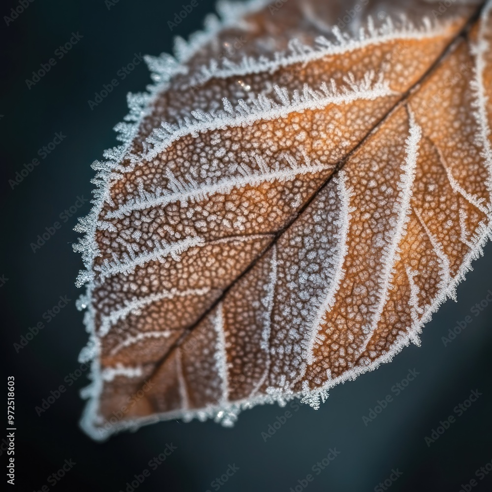 Poster a close-up of a frosted leaf, showcasing intricate ice patterns on its surface.