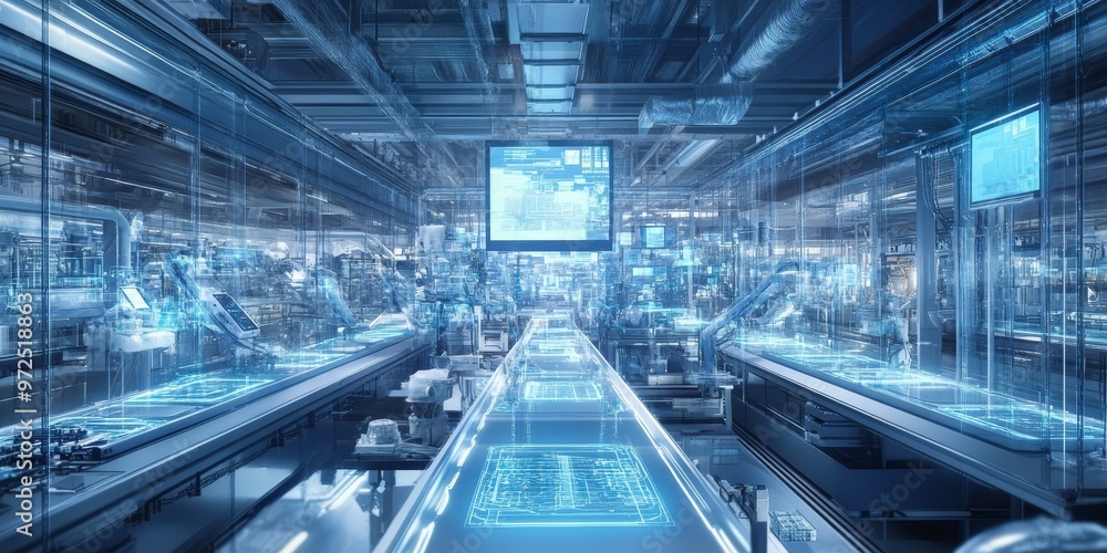 Poster futuristic factory with automated conveyors and screens.