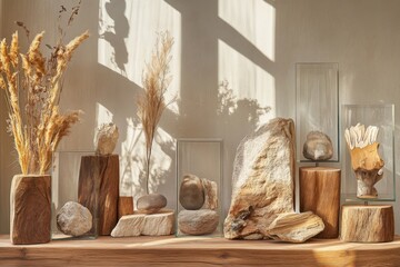 nature-inspired sale display with elements of wood and stone illustration