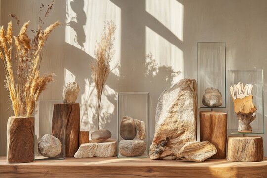 nature-inspired sale display with elements of wood and stone illustration