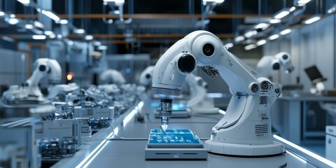 Fototapeta premium Robot arm assembling a circuit board.