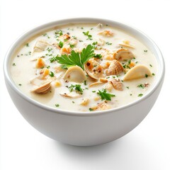 Bowl of clam chowder soup isolated on white background.