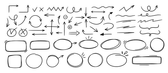 Naklejka premium Sketch line arrows and frames set. Doodle elements illustrations collection. Pointers, oval and square frames, check mark elements. Freehand black symbols.