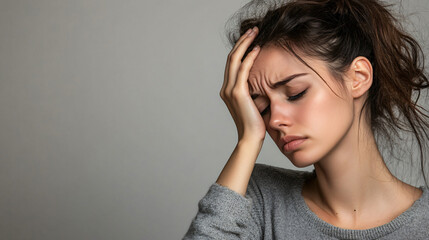 Fototapeta premium Young woman with closed eyes holding her head in pain from a migraine