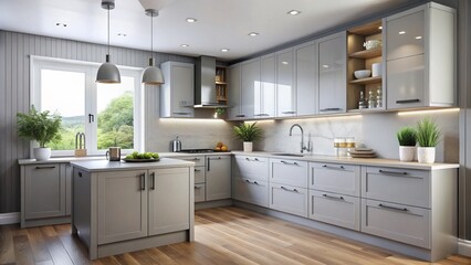 Modern grey kitchen cabinets exude a sense of contemporary chic with their streamlined silhouettes and matching