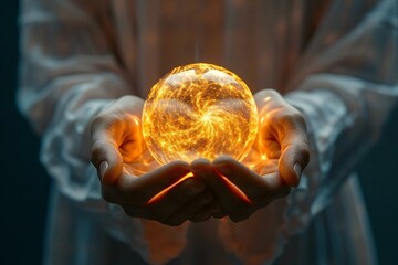 Close-up of a person's hands holding a glowing ball of energy, representing healing and spiritual power.