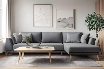 Slate grey sofa paired with a light oak table in a modern living setting.