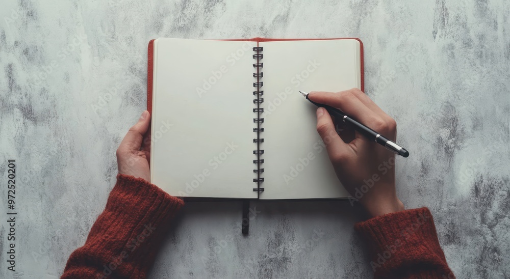 Poster a person writes in a blank notebook, symbolizing creativity and reflection.