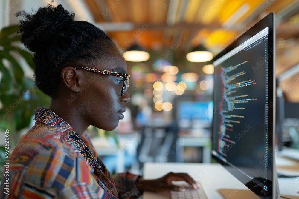 Aufkleber an african american woman programmer coding on a computer in her office.