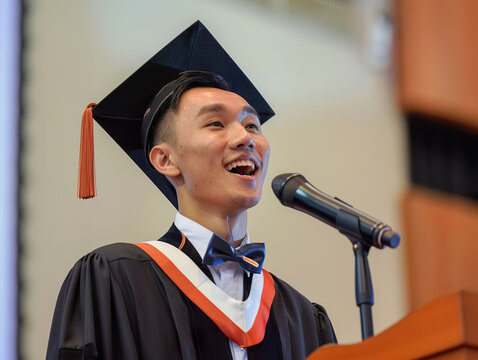 A man in a graduation gown is standing at a podium and smiling.,