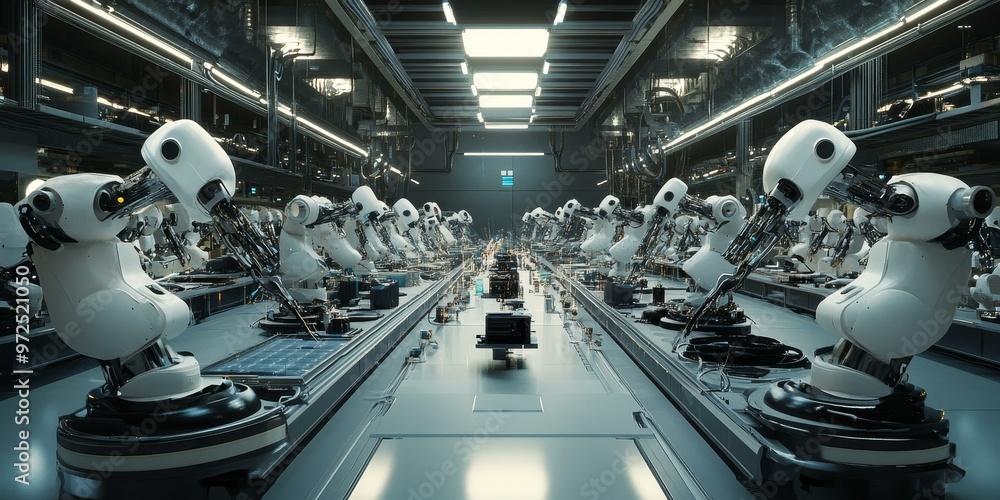 Poster a row of robotic arms in a factory.