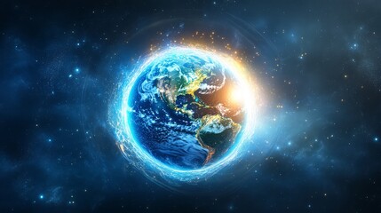 Fototapeta premium Earth protected by a shield of light. The Earth encased in a glowing and protective shield made of light, with harmful elements being repelled away from the planet
