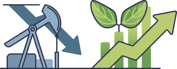 Oil pump and rising graph with leaves, symbolizing biomass energy growth compared to fossil fuels. © VectorMine