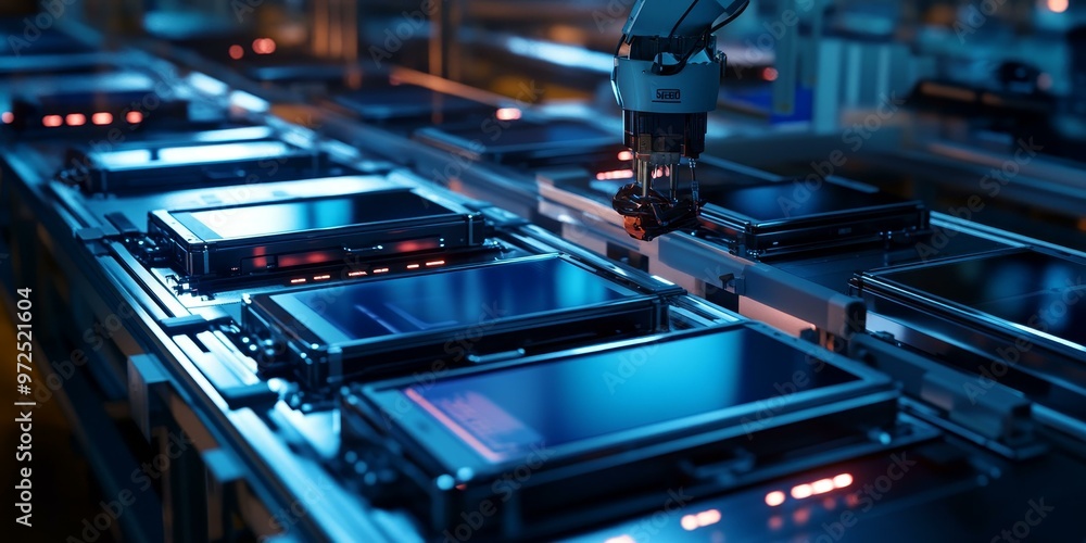 Poster robotic arm assembling electronic devices on assembly line.