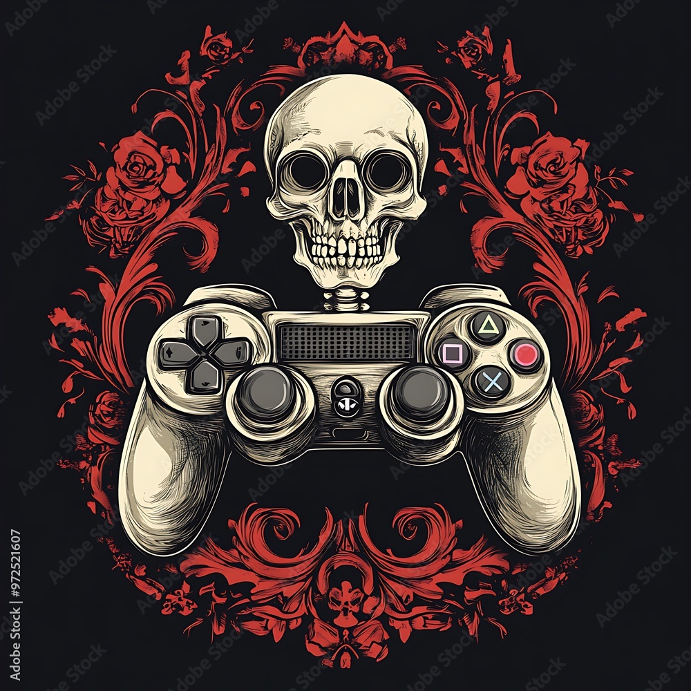 Poster A Skull Holding a Video Game Controller with Red Roses and Floral Motifs