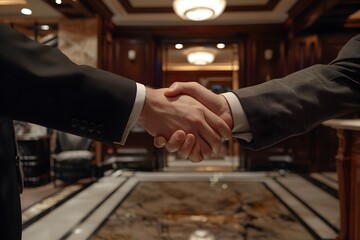 Close-up of two businessmen shaking hands in a luxury hotel lobby