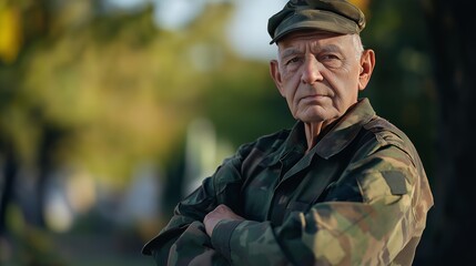 Obraz premium Proud Elderly Military Veteran Standing Outdoors in Uniform, Camouflage Pattern, Summer Day